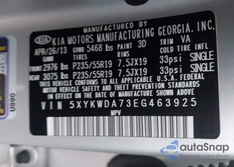 2014 Kia Sorento Sx V6 z USA, uszkodzony, nr VIN 5XYKWDA73EG463925